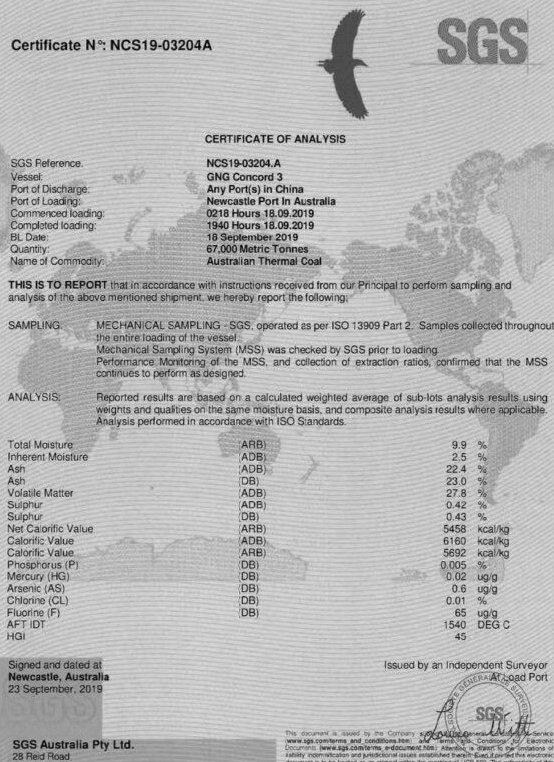 SGS化驗5500卡澳大利亞煤炭指標
